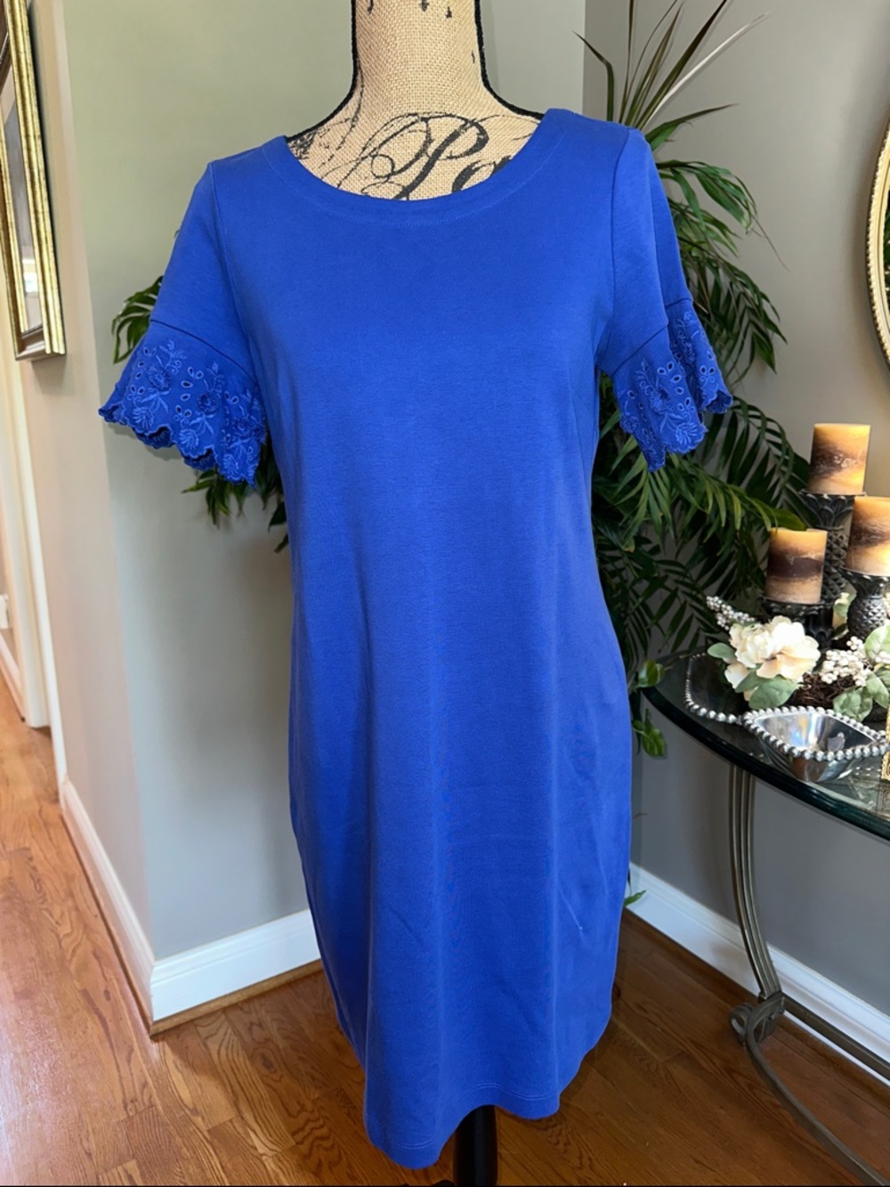 Talbots Royal Blue Midi Dress with Eyelet Flutter Sleeves size medium petite NWT